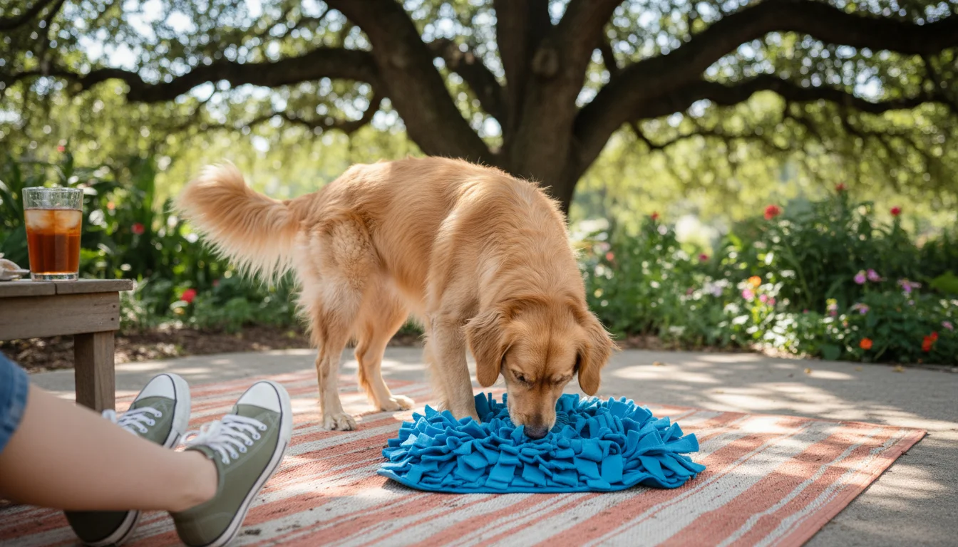 A golden retriever mix dog intensely sniffs a blue snuffle mat on an outdoor rug, with a person's sneakers visible nearby.