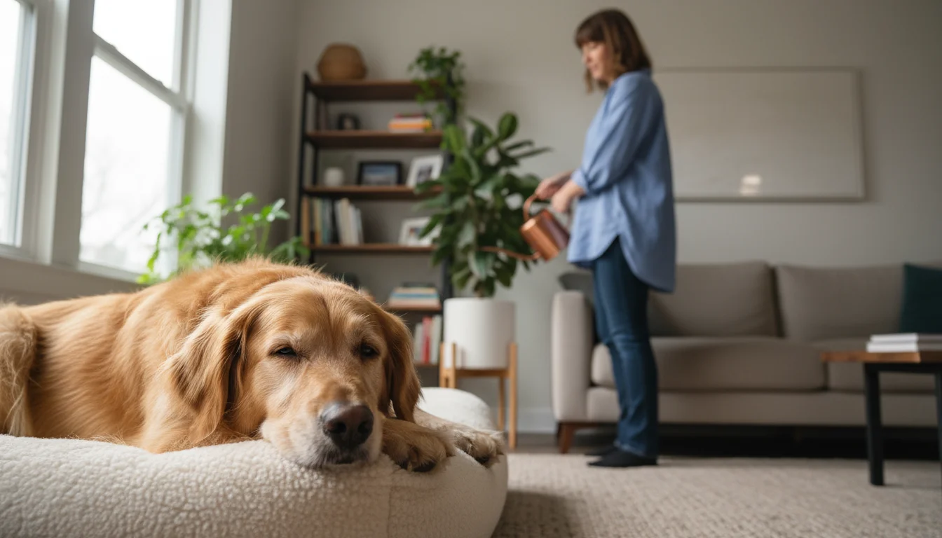 A golden retriever mix dog lies calmly on a plush dog bed in a bright living room. A woman waters a plant in the soft-focus background.