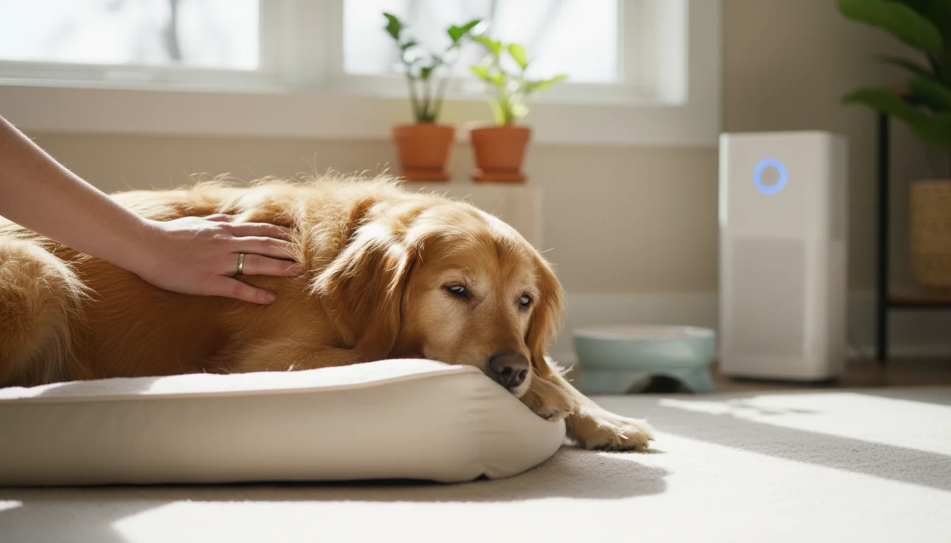 A golden retriever mix dog rests on a pet bed with a person's hand on its back. An air purifier and food bowl are in the background.