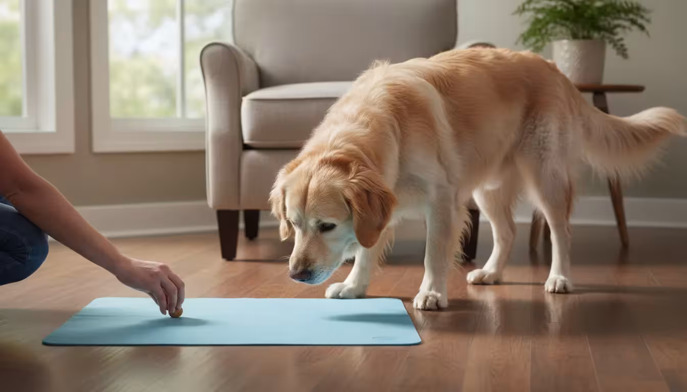 A Golden Retriever mix dog sniffing a blue cooling mat, with a person's hand offering a treat to encourage it.