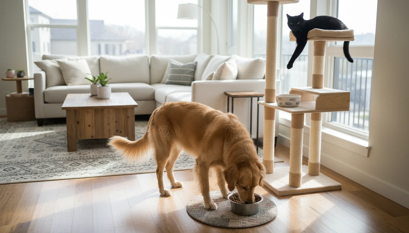 A Golden Retriever mix eats from its bowl while a black cat rests on a cat tree in an open-concept living room.