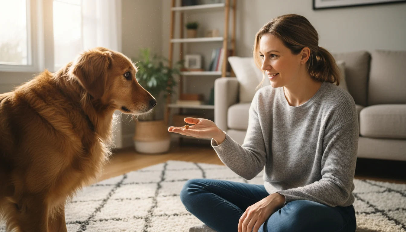 A Golden Retriever mix intently watching a treat in its owner's hand during a trick training session indoors.