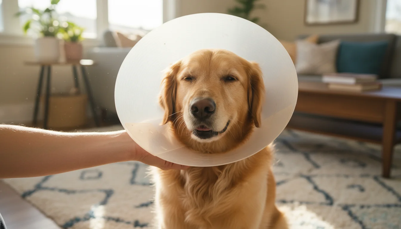 A Golden Retriever mix sits calmly wearing a clear Elizabethan collar, while a human hand gently scratches its neck.