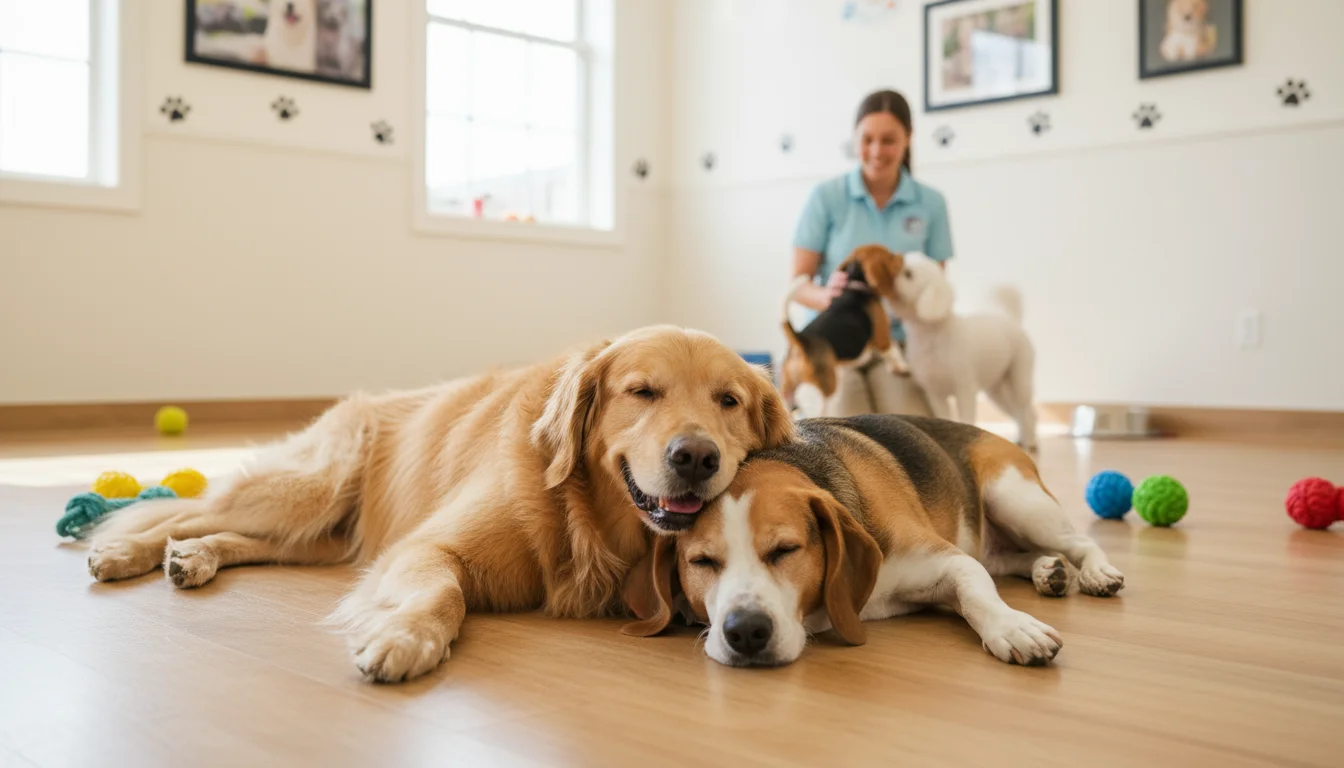 A golden retriever and a mixed-breed dog resting calmly together in a pet care facility, with a professional observing in the background.