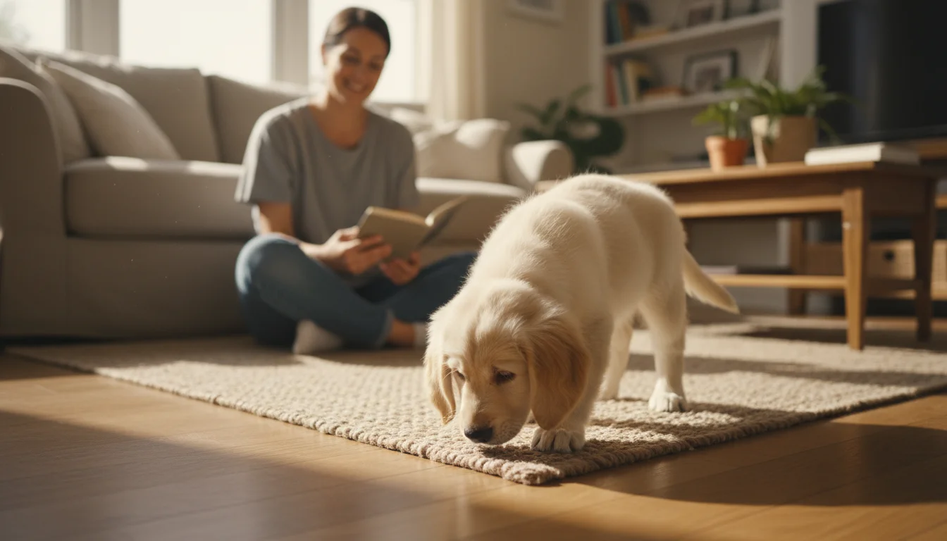 A golden retriever puppy explores a rug while a person nearby observes patiently, holding a chew toy.