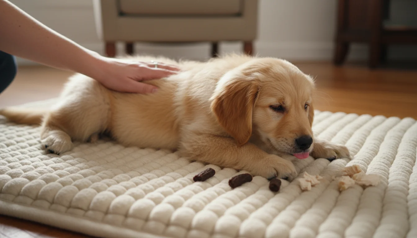 A golden retriever puppy lies relaxed on a mat with a person's hand gently petting it and treats visible nearby.