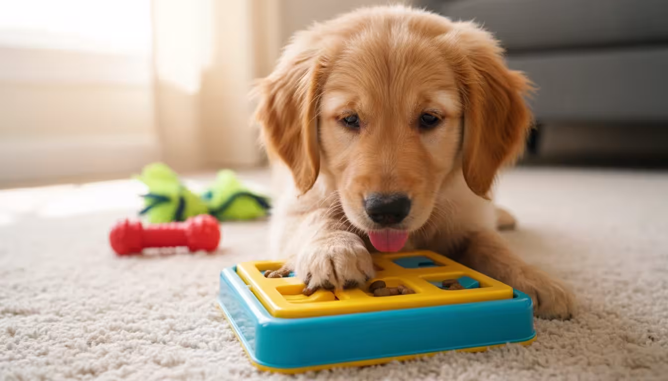 A golden retriever puppy plays with a red interactive puzzle toy on a cream rug, with other safe puppy toys nearby.