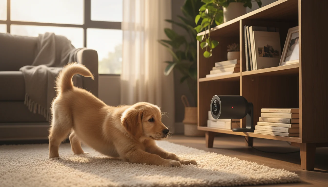 A golden retriever puppy stretches towards a pet camera on a bookshelf in a dimly lit living room.
