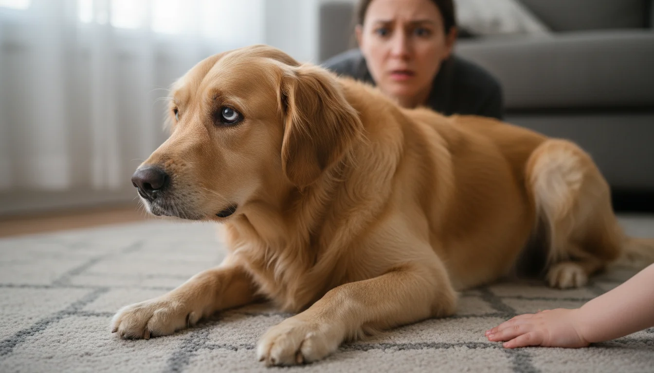 Golden retriever on a rug, stiff body, head turned, showing 'whale eye' as a child's hand approaches; an adult's eyes watch from afar.