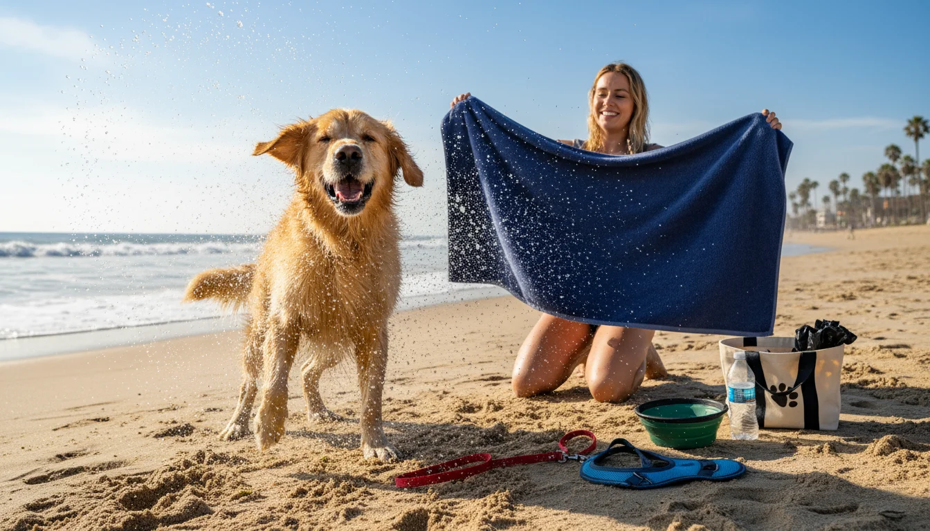 Golden retriever shaking water off near a person holding a towel. A water bowl, bottle, leash, harness, and waste bags are on the sand nearby.