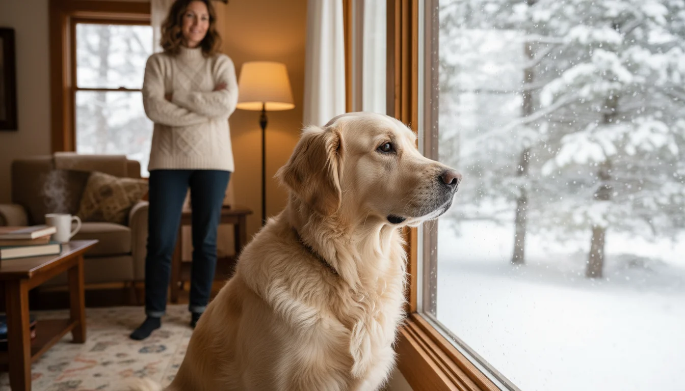 A Golden Retriever sits patiently by a frosted window, watching snow fall, while its owner stands behind, observing thoughtfully.