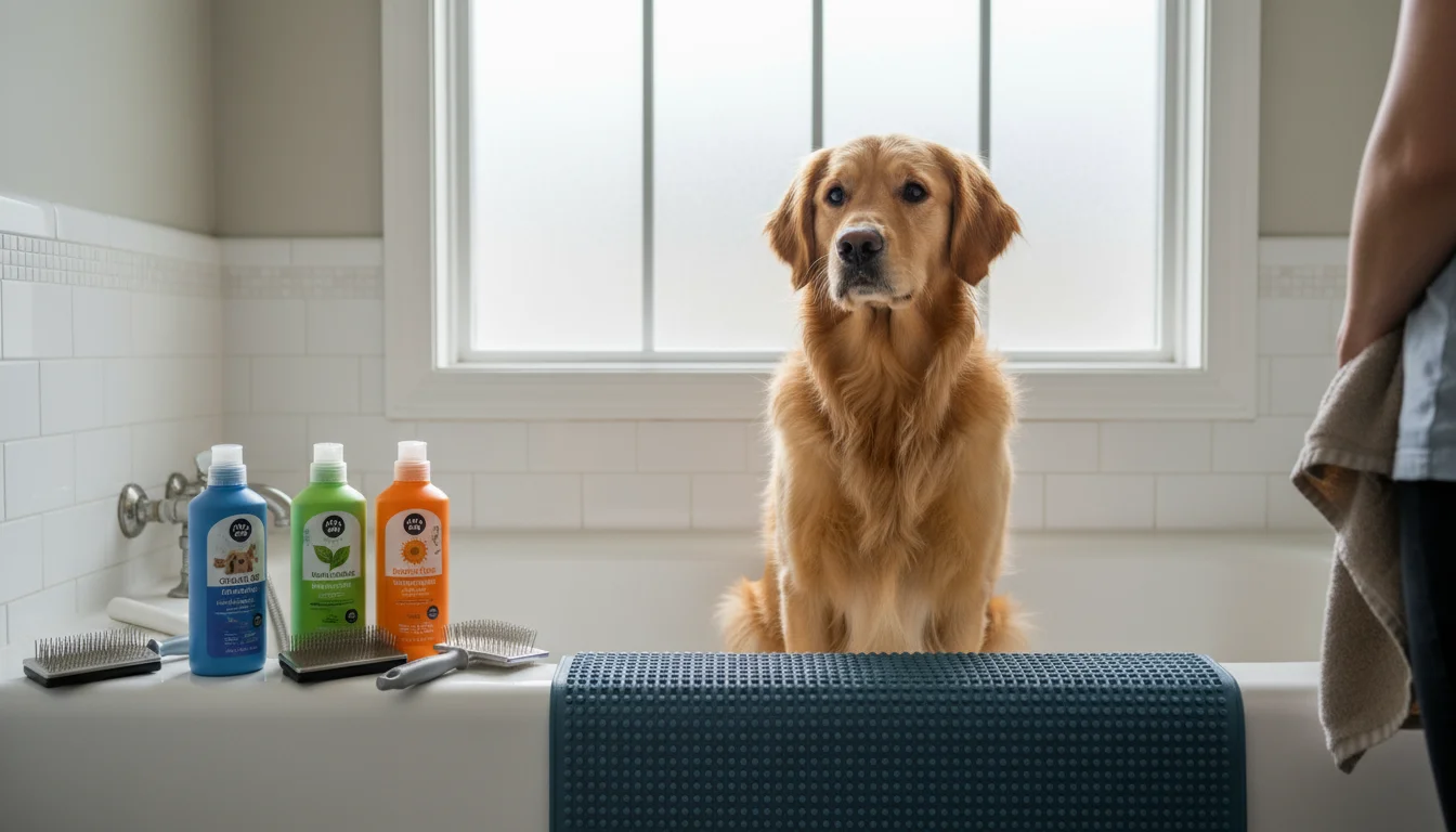 A golden retriever sits patiently in a sunlit bathroom, observing various dog shampoos and grooming brushes on a mat.