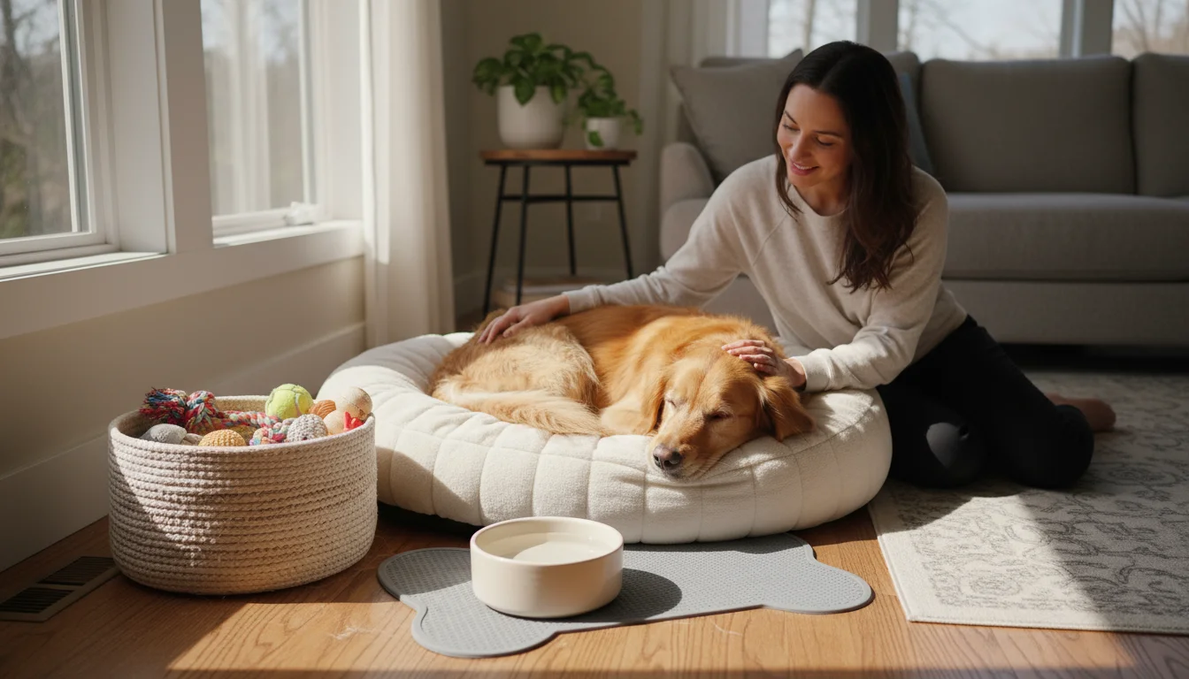 Golden retriever sleeping comfortably on a dog bed in a sunlit living room corner, with a person kneeling and petting it.
