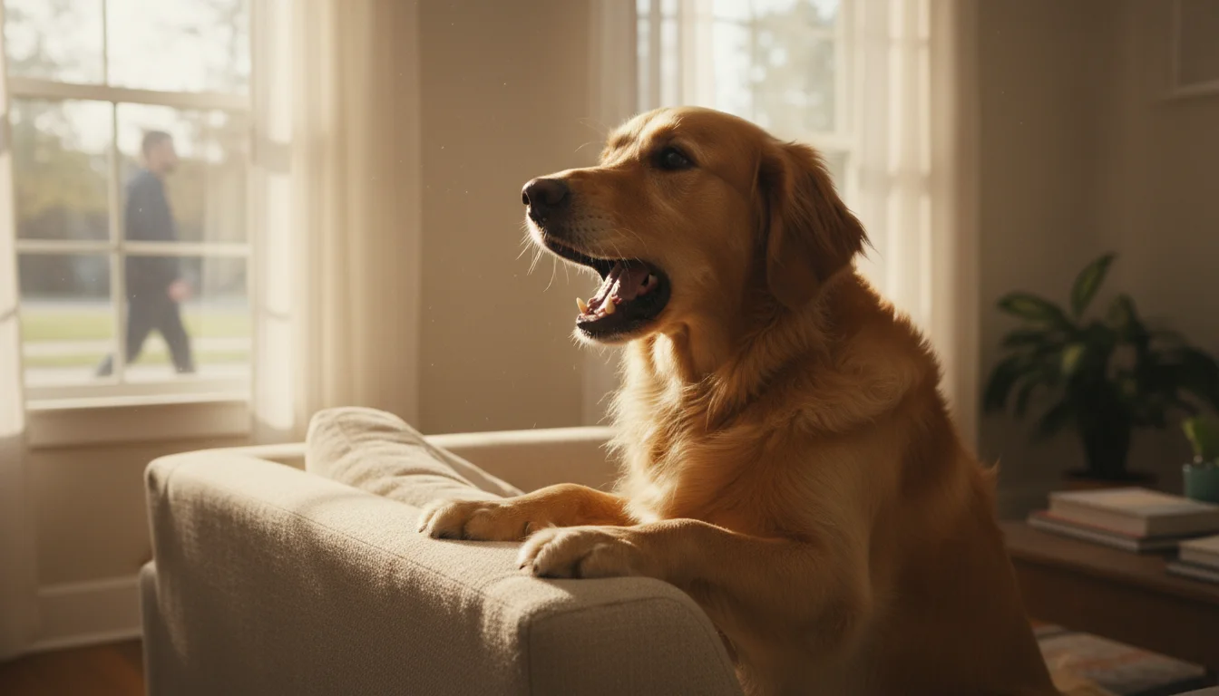 A golden retriever stands on a sofa, barking out a window at a blurred figure passing outside.
