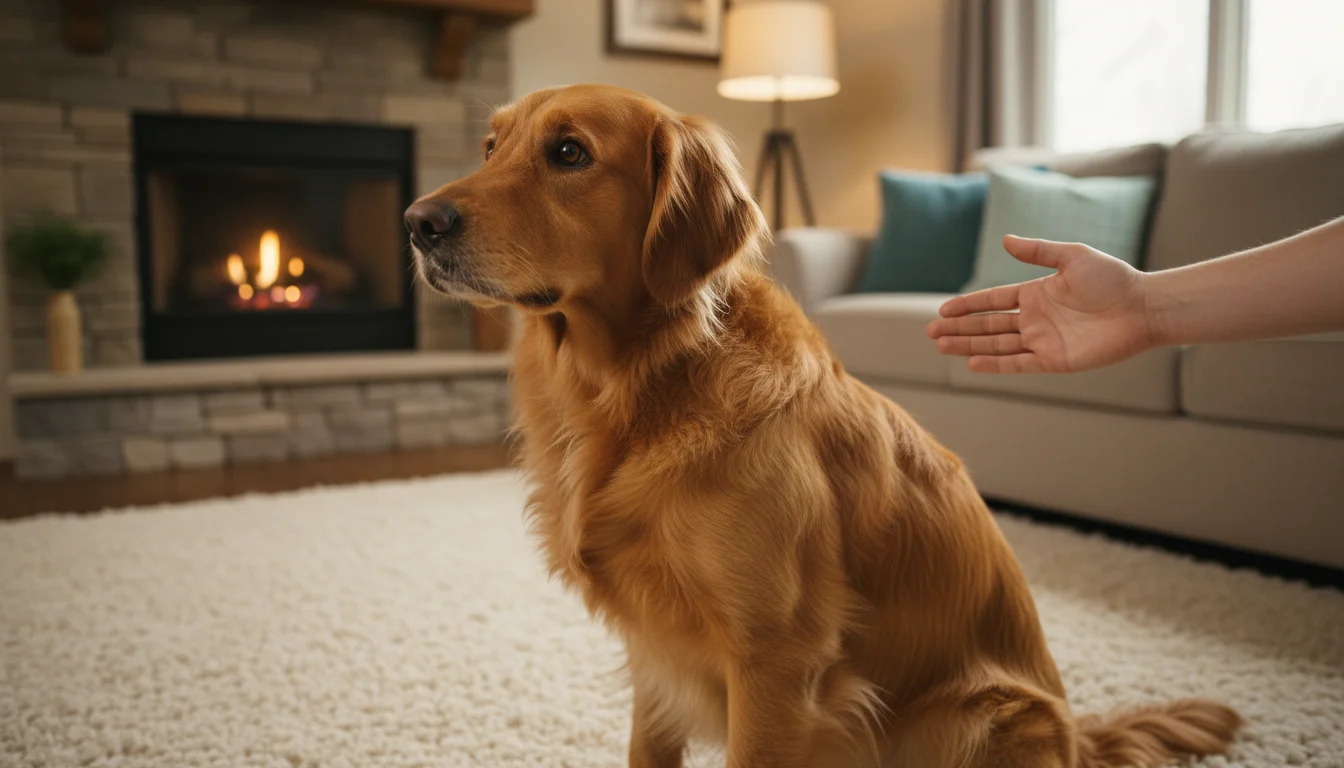A golden retriever tenses and turns its head away from a human hand gently approaching its back, showing discomfort.