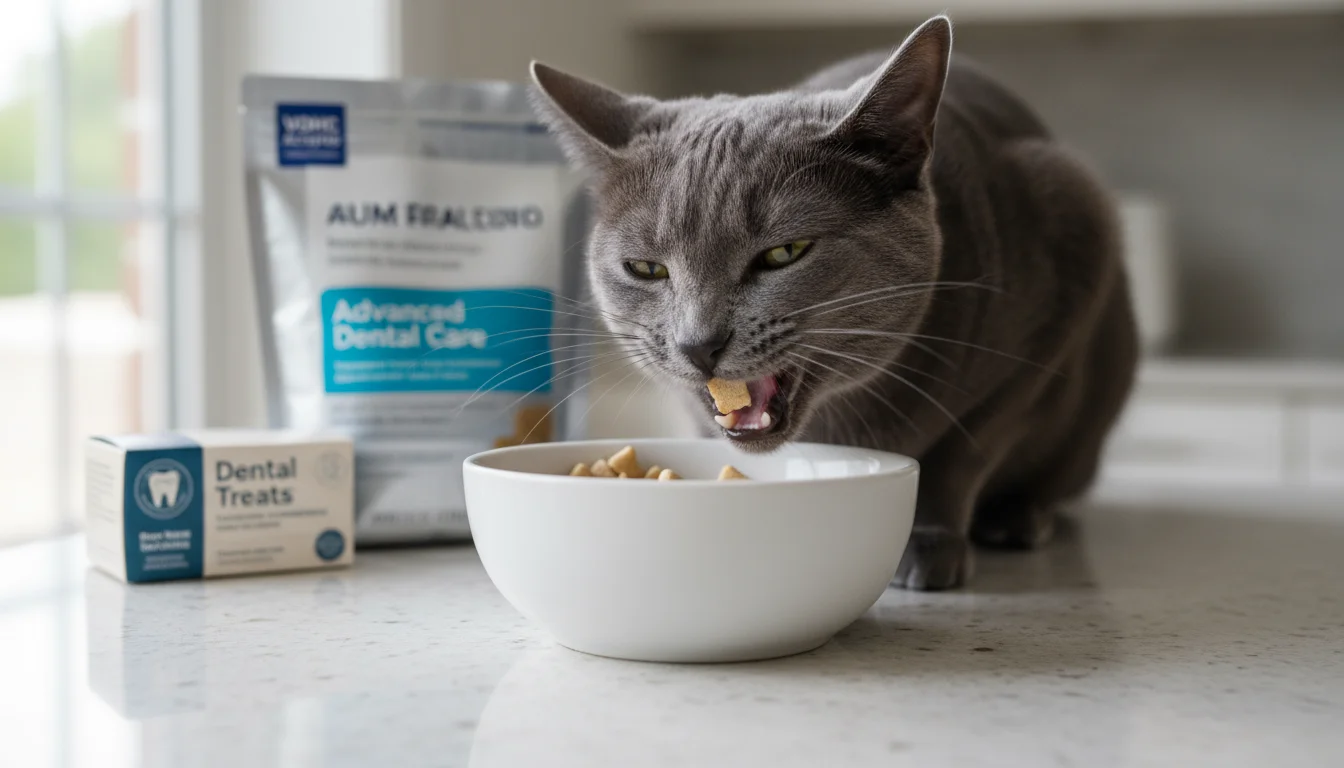 A gray cat chews dental kibble from a bowl on a kitchen counter, with a food bag and treats in the background.