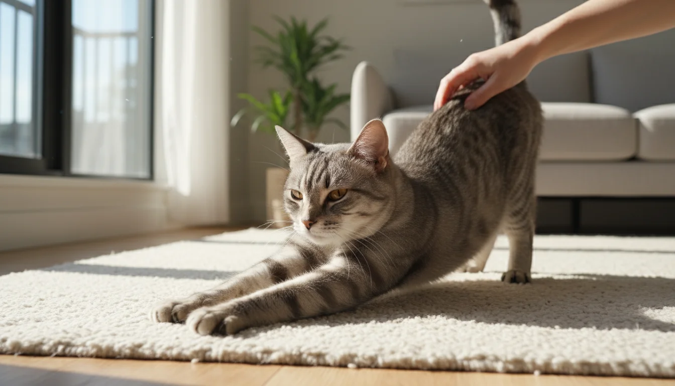 A grey-and-white shorthair cat rests on a rug by a sunny window, being gently stroked by a human hand.