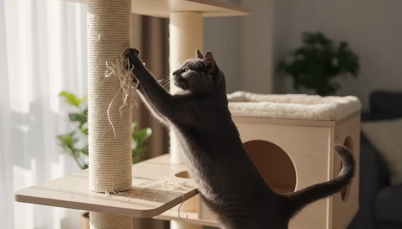 A grey cat stretches its body, vigorously scratching a sisal post on a multi-level wooden cat tree, with a plush cubby visible.