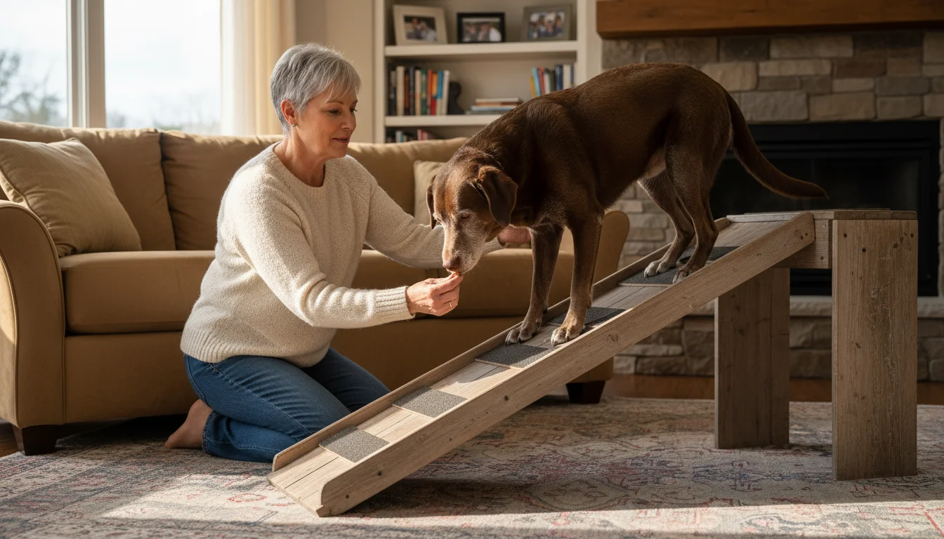 A grey-muzzled senior dog descends a pet ramp from a couch, an older adult gently supporting it. Shows mobility assistance at home.
