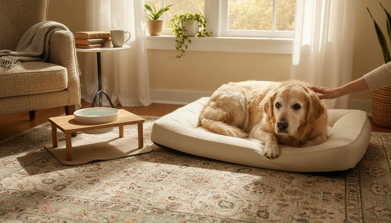 A grey-muzzled senior Golden Retriever rests peacefully on an orthopedic bed on a non-slip rug. A human hand gently strokes its back, showing comfort.