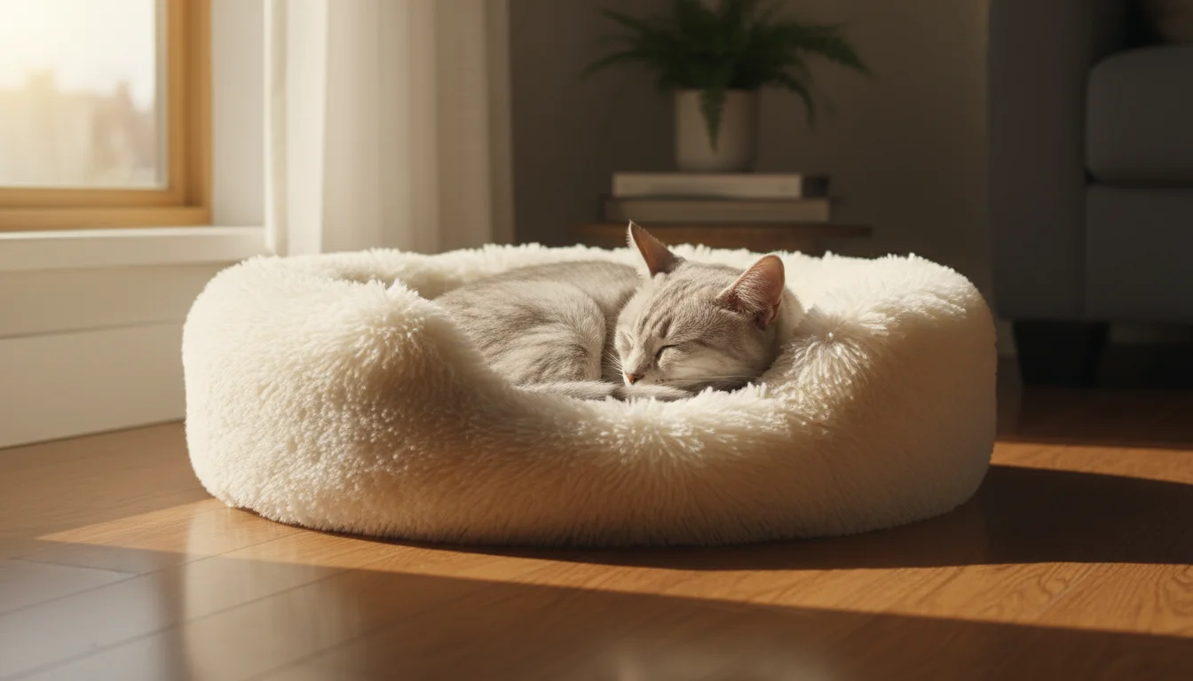 A grey tabby cat is deeply asleep, curled up in a cream-colored, plush bolstered cat bed on a wooden floor.