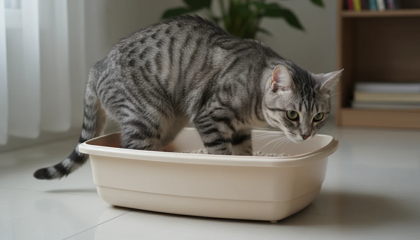 A grey tabby cat is deeply crouched in a litter box, appearing to strain with visible discomfort.