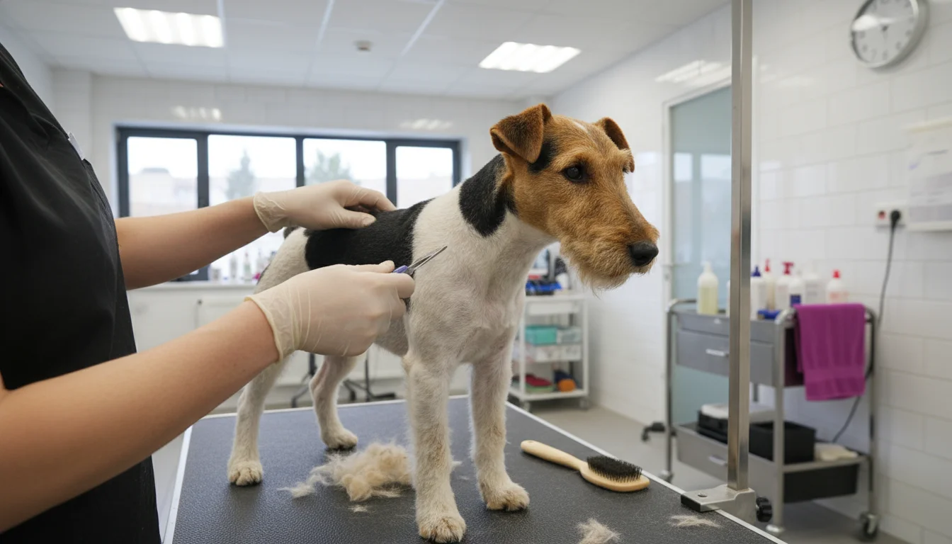 A groomer's hands carefully hand-stripping a Fox Terrier, removing coarse outer hairs to maintain its coat's texture.