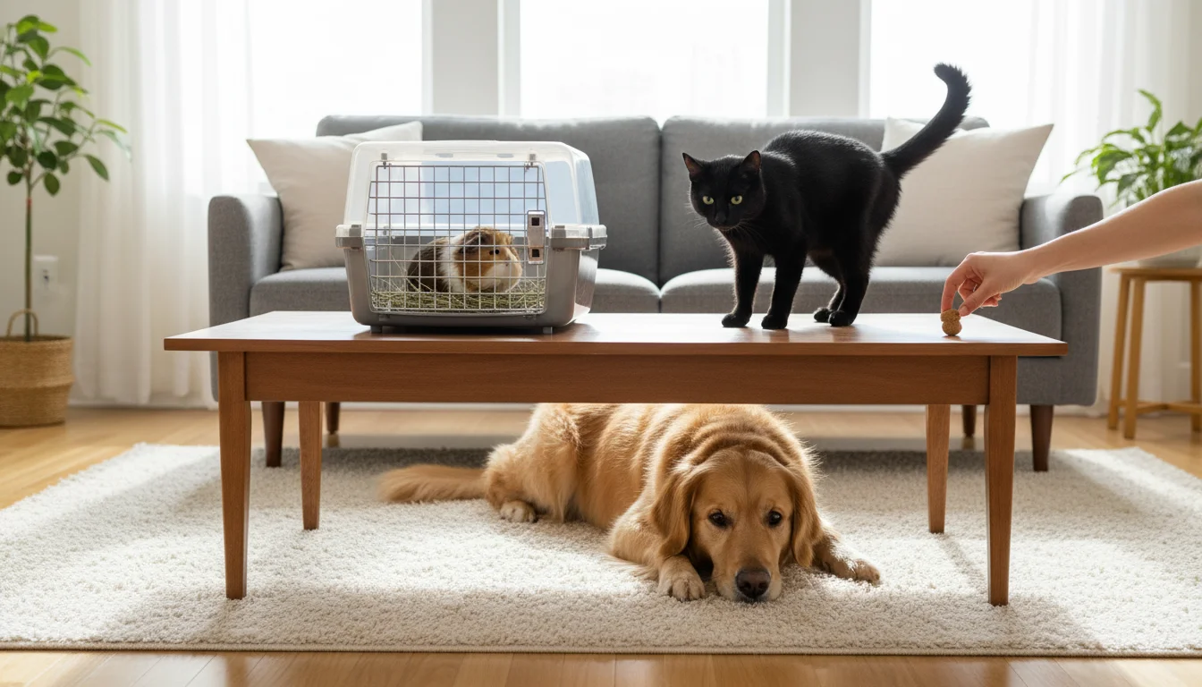A guinea pig in a clear carrier on a coffee table, observed by a golden retriever on the floor and a cat on a sofa, with a person's hand giving a trea