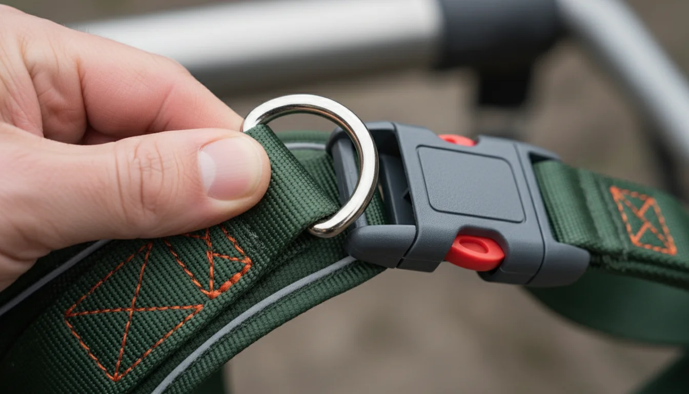 Close-up of a hand inspecting a dog harness, highlighting a metal D-ring and a sturdy, partially unclipped buckle on durable fabric.