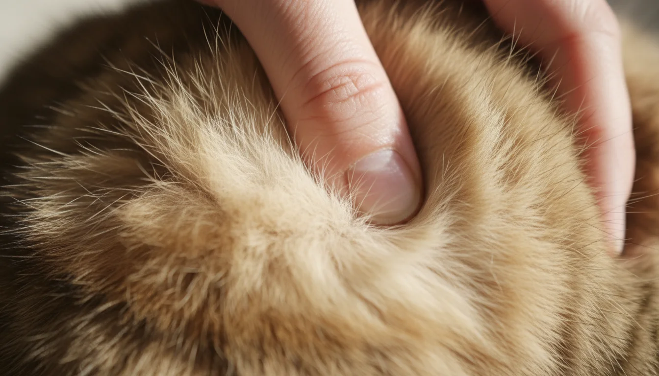 Close-up of a hand gently parting a cat's dense fur, clearly showing the distinct layers of guard hairs, awn hairs, and soft undercoat beneath.