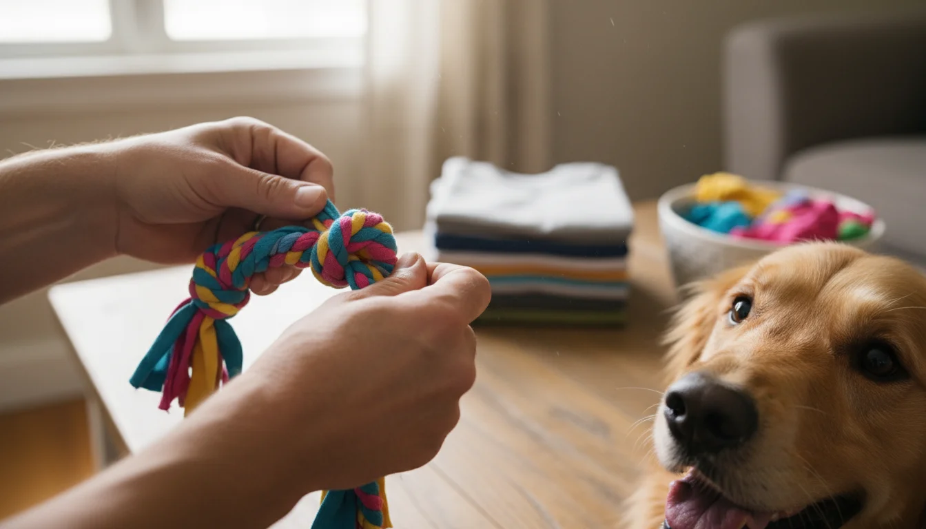 Hands finish a braided fabric dog toy while a golden retriever watches intently, eager to play on a bright kitchen counter.