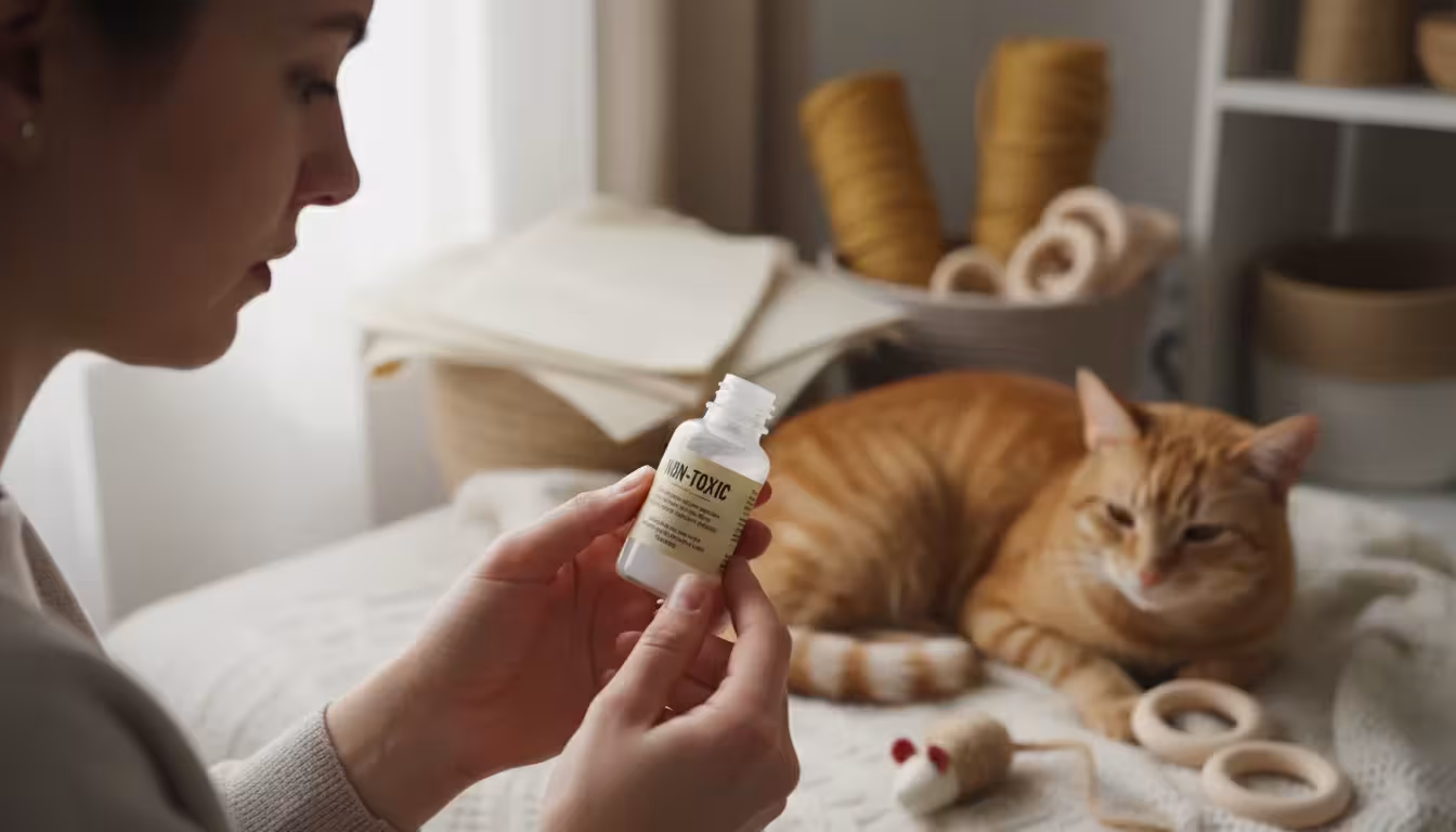Hands holding a non-toxic craft glue bottle, with a blurred cat and safe DIY materials in background.