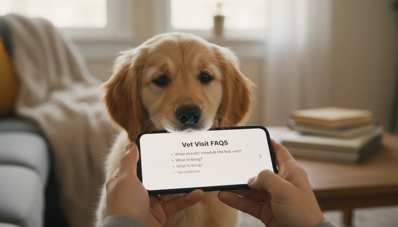 Hands holding a smartphone displaying a vet FAQ page, with a curious puppy nudging the screen.