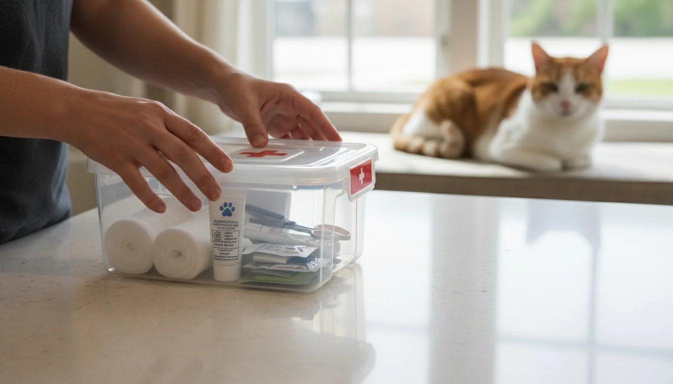 Close-up of hands organizing various pet first aid supplies into a clear kit on a kitchen island, with a cat observing from a window seat.