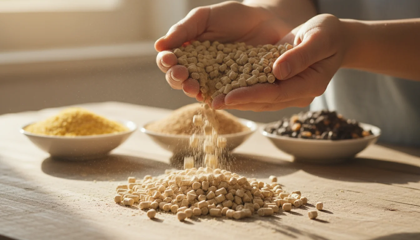 Close-up of hands sifting pine pellet cat litter on a wooden surface, with blurred jars of corn, wheat, and paper litters behind.