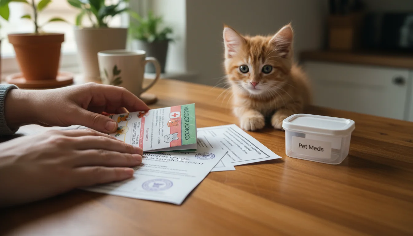 Close-up of hands sorting pet documents on a kitchen table, with a small labeled container and a kitten peeking over the edge.