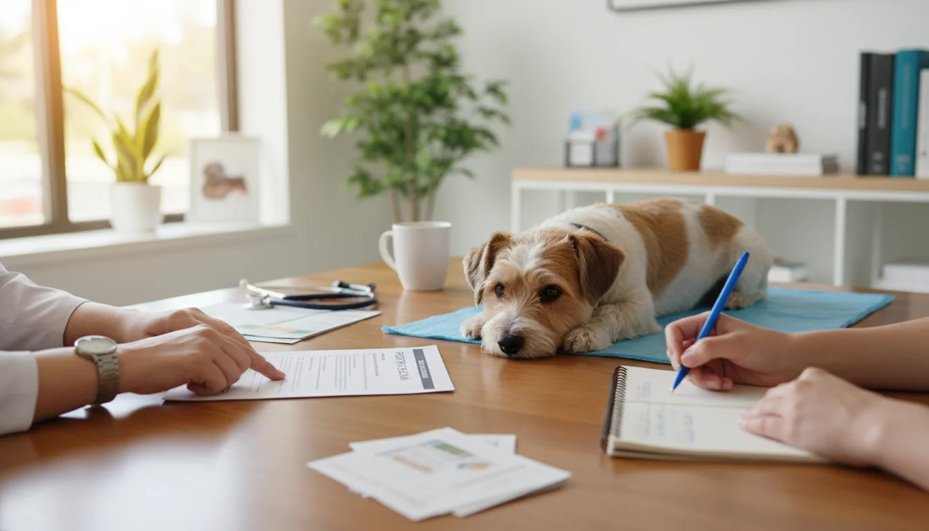 Hands of a veterinarian and pet owner discussing a care plan document on a table, with a small dog resting nearby.