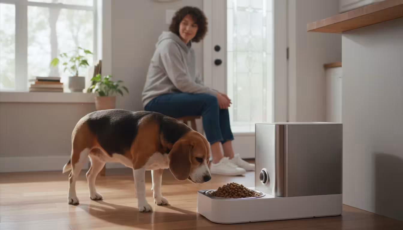 A healthy Beagle dog calmly eats from a modern automatic feeder while a person in the background puts on shoes, looking relaxed.