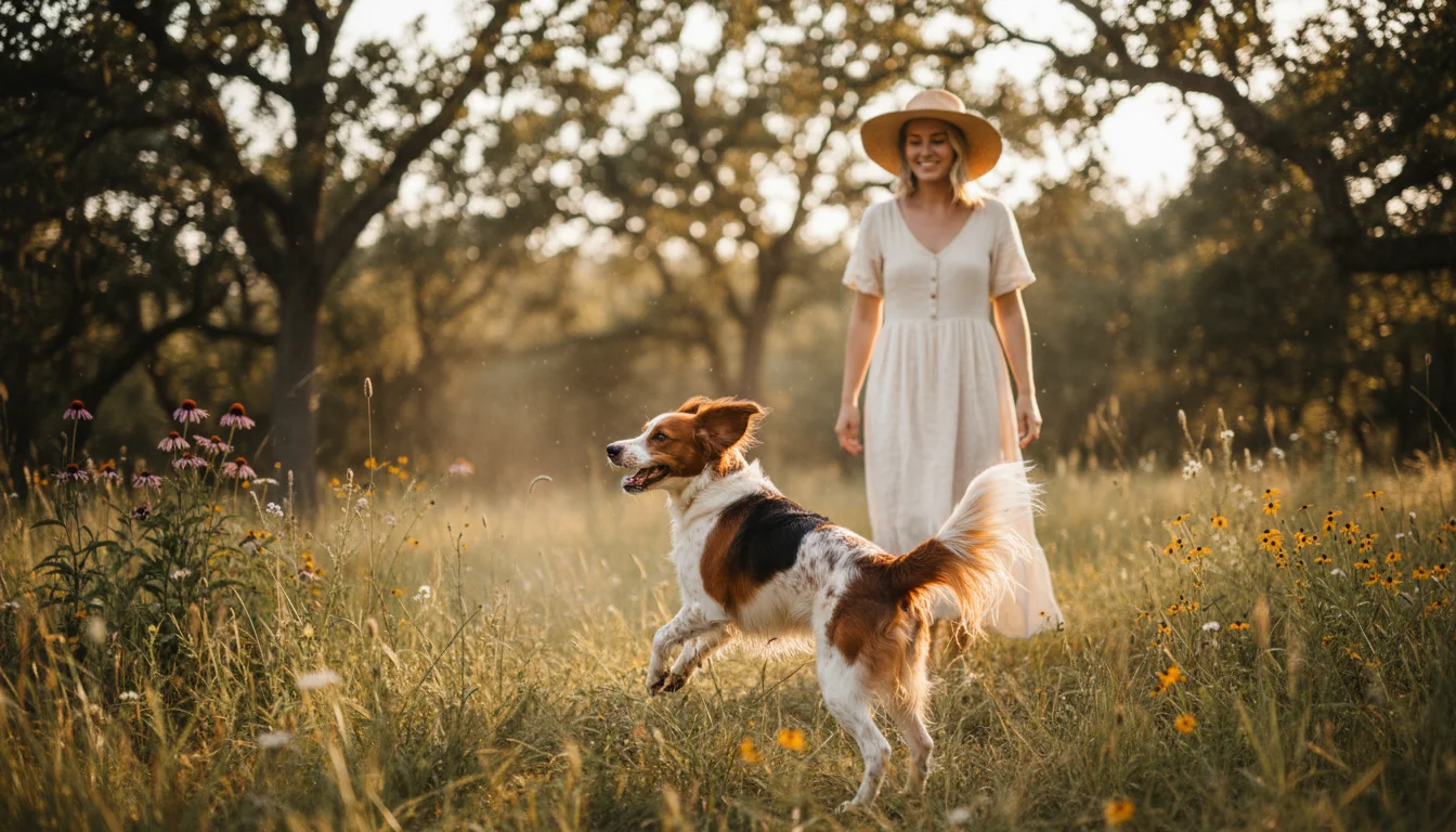 A healthy Brittany Spaniel-mix dog runs joyfully through a sunny meadow, looking back happily at its smiling woman owner.