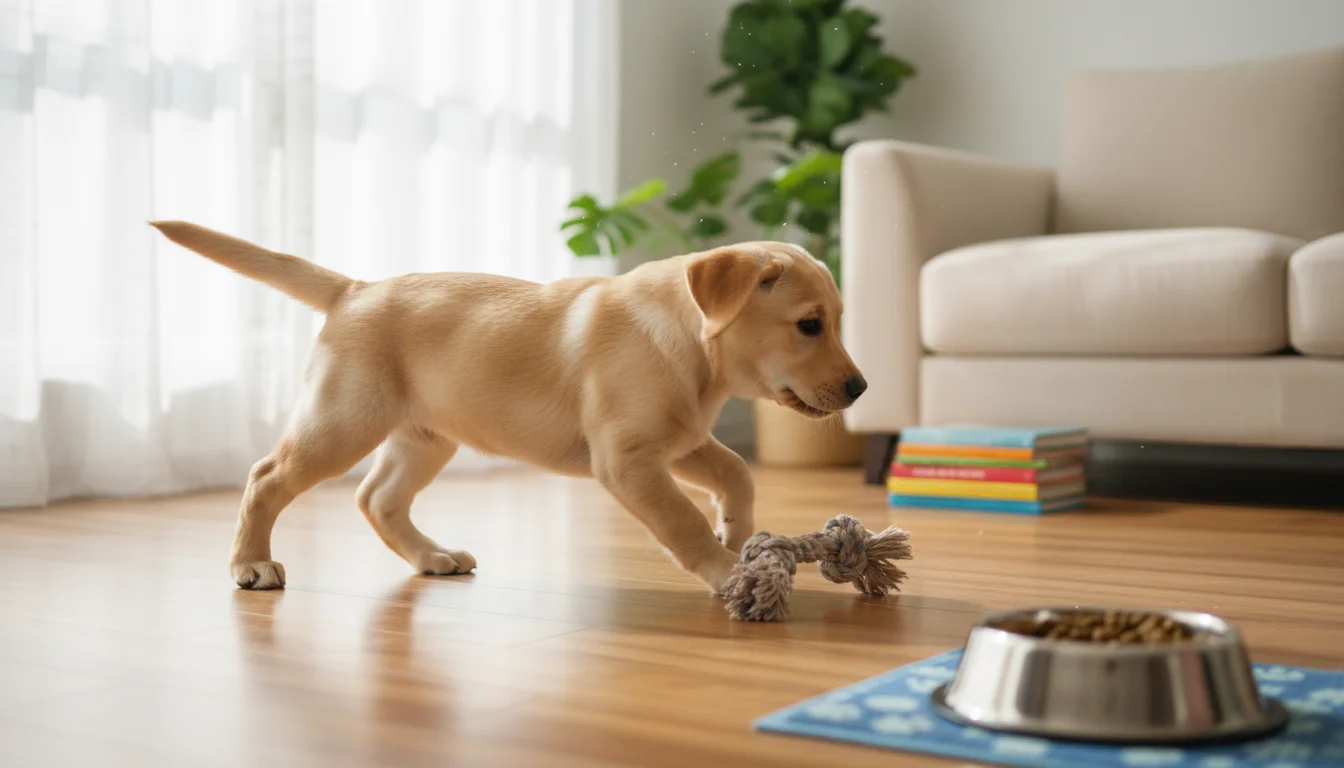 A healthy, energetic Labrador retriever puppy playing in a bright living room. A food bowl is partially visible in the foreground.