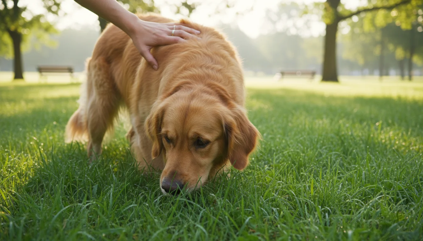 A healthy Golden Retriever sniffing intently in dewy tall grass, a human hand gently resting on its back.