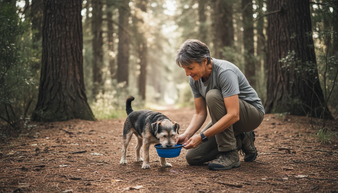 A hiker kneels on a shaded forest path, offering water from a collapsible bowl to an elderly, small terrier mix with a silvering muzzle.