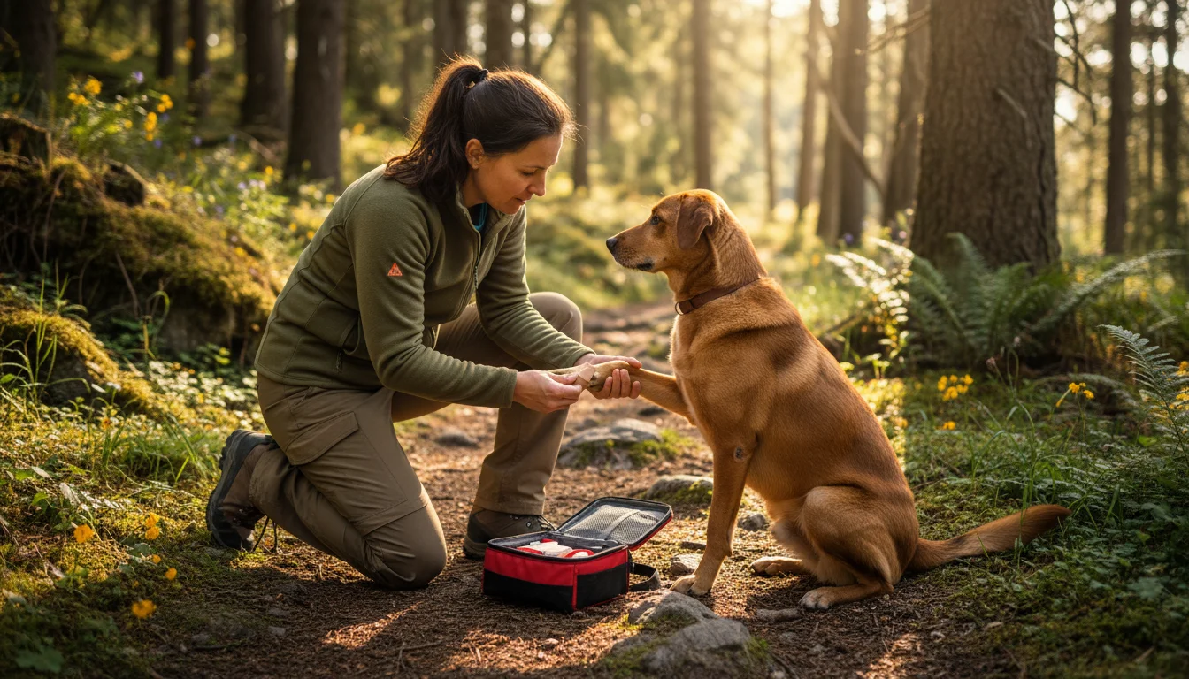 A hiker kneels on a sun-dappled trail, gently applying a bandage to their medium-sized dog's front paw from a small first aid kit.
