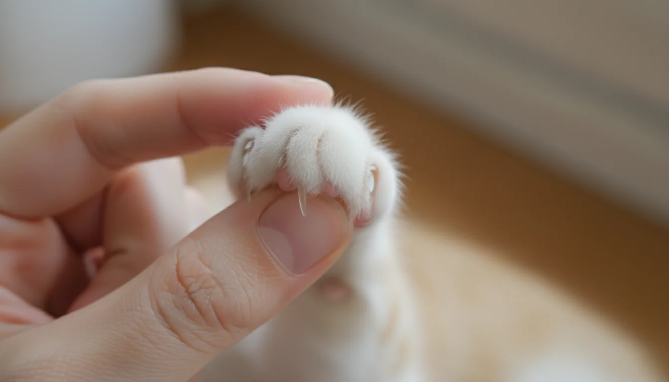 Close-up of human fingers gently extending a cat's claw, showing the pink quick and clear tip.