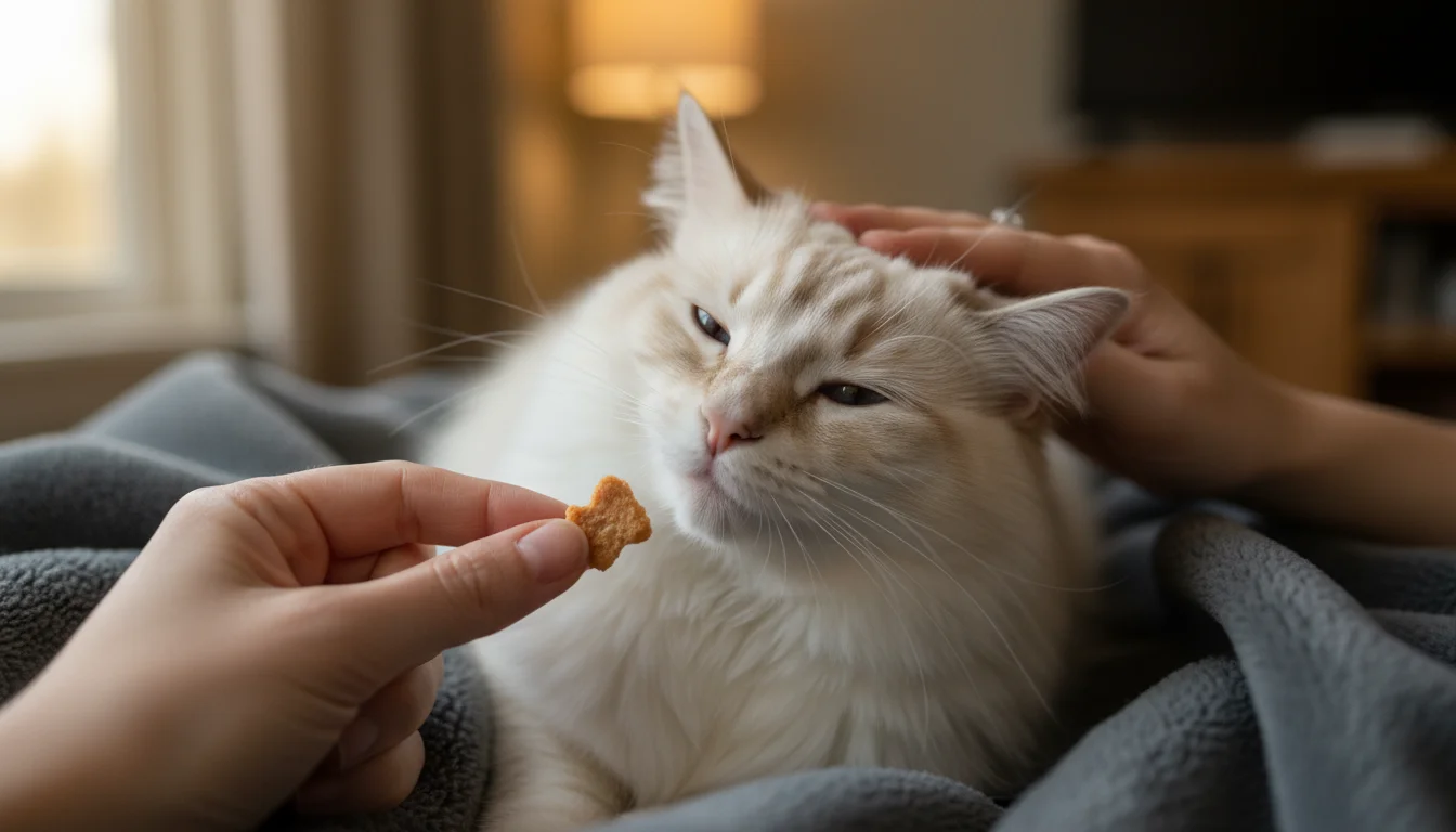 A human hand gently brushes a fluffy cream cat on a blanket. The cat looks calm with half-closed eyes, while another hand offers a treat.