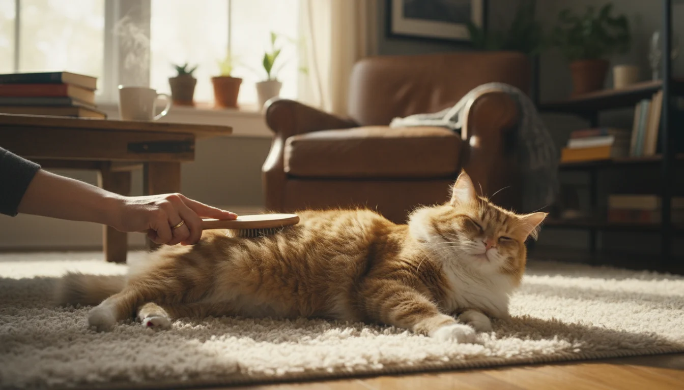 A human's hand gently brushes a fluffy tabby cat on a sofa, the cat looking relaxed.