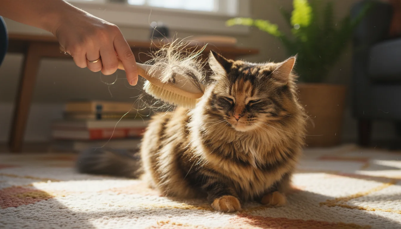 A human hand gently brushes a long-haired tortoiseshell cat on a rug, with loose fur visible on the brush.