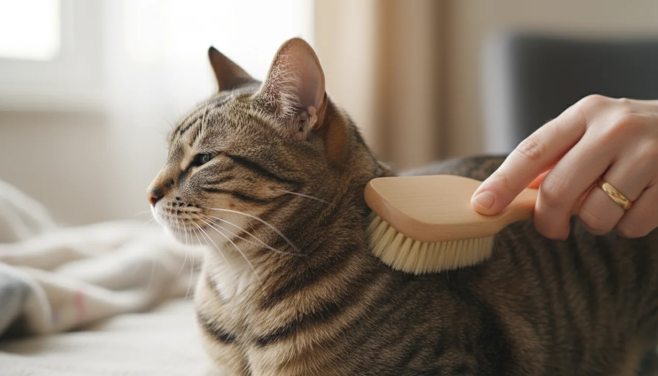 A human hand gently brushes the soft fur of a relaxed tabby cat with a soft-bristle grooming brush.