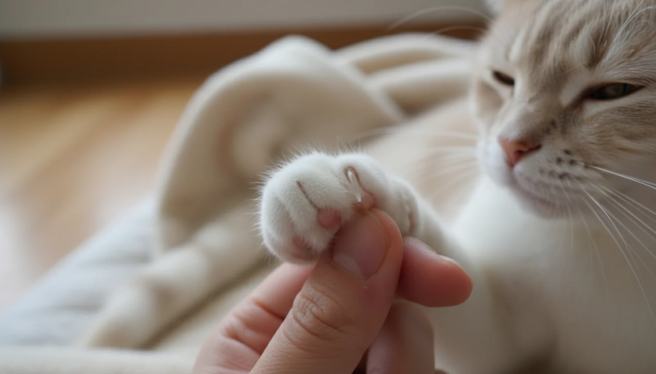 A close-up of a human hand gently holding a cat's paw, with one light-colored claw extended and its pink quick clearly visible.