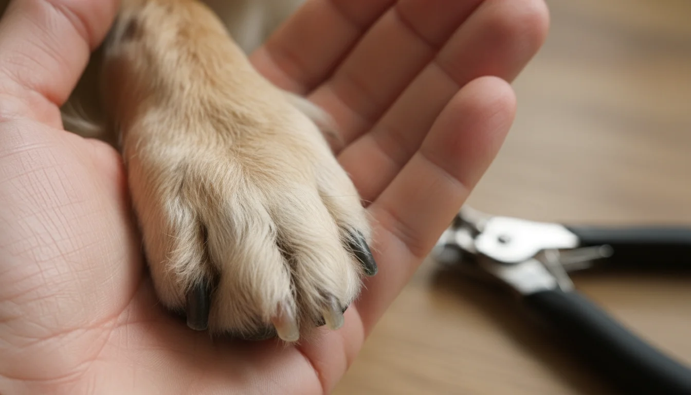 A human hand gently holds a dog's light brown paw. A single prominent light-colored nail shows its natural curvature.